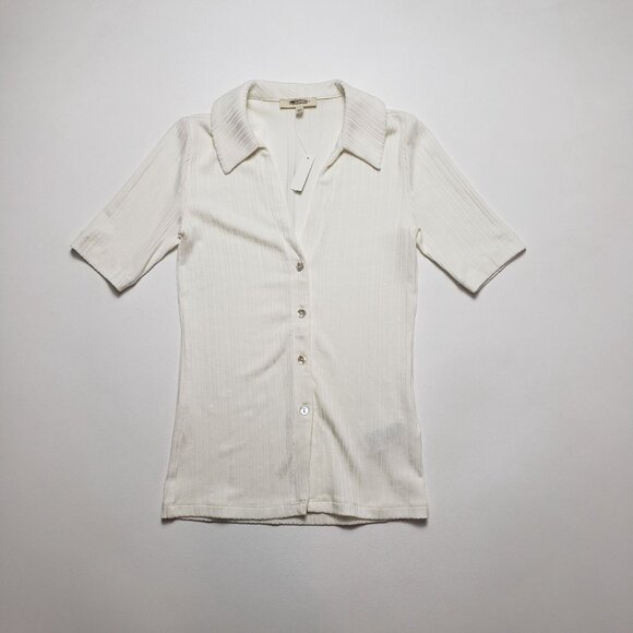Madewell Cutaway Hem Polo Top Women XXS  Creme Fraiche Ivory SS Ribbed Button-Up - Picture 4 of 16